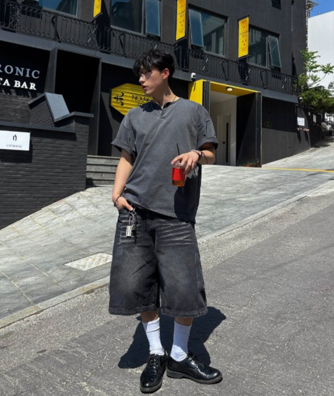 水洗華夫格亨利領短袖