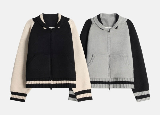 Zip up🧶太陽翻領開胸針織外套|2色入