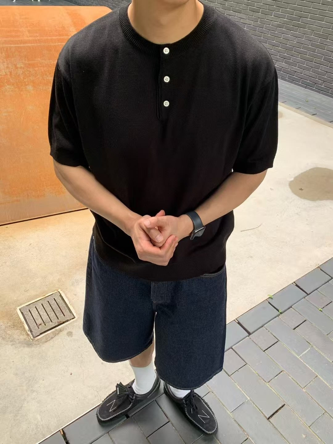 純色亨利領針織短袖