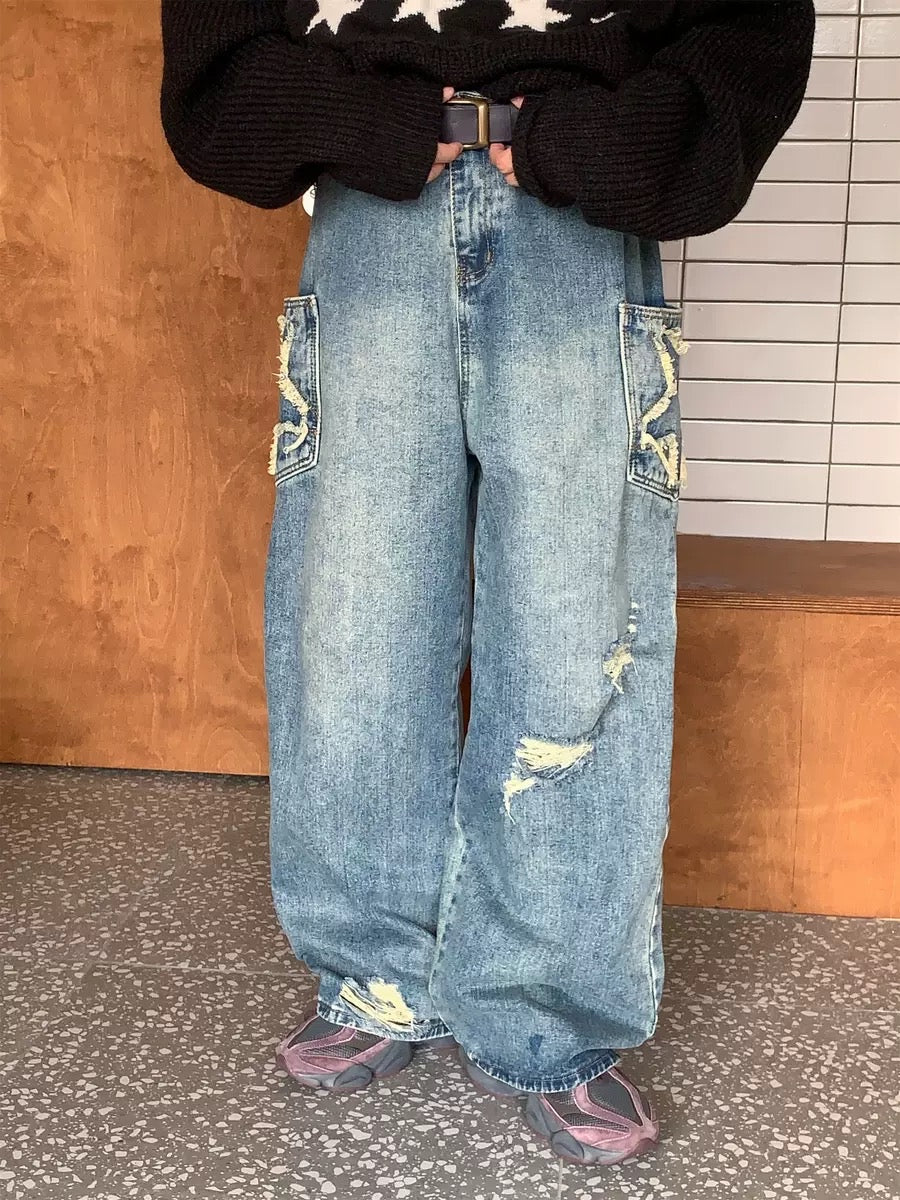 Star pocket baggy jeans