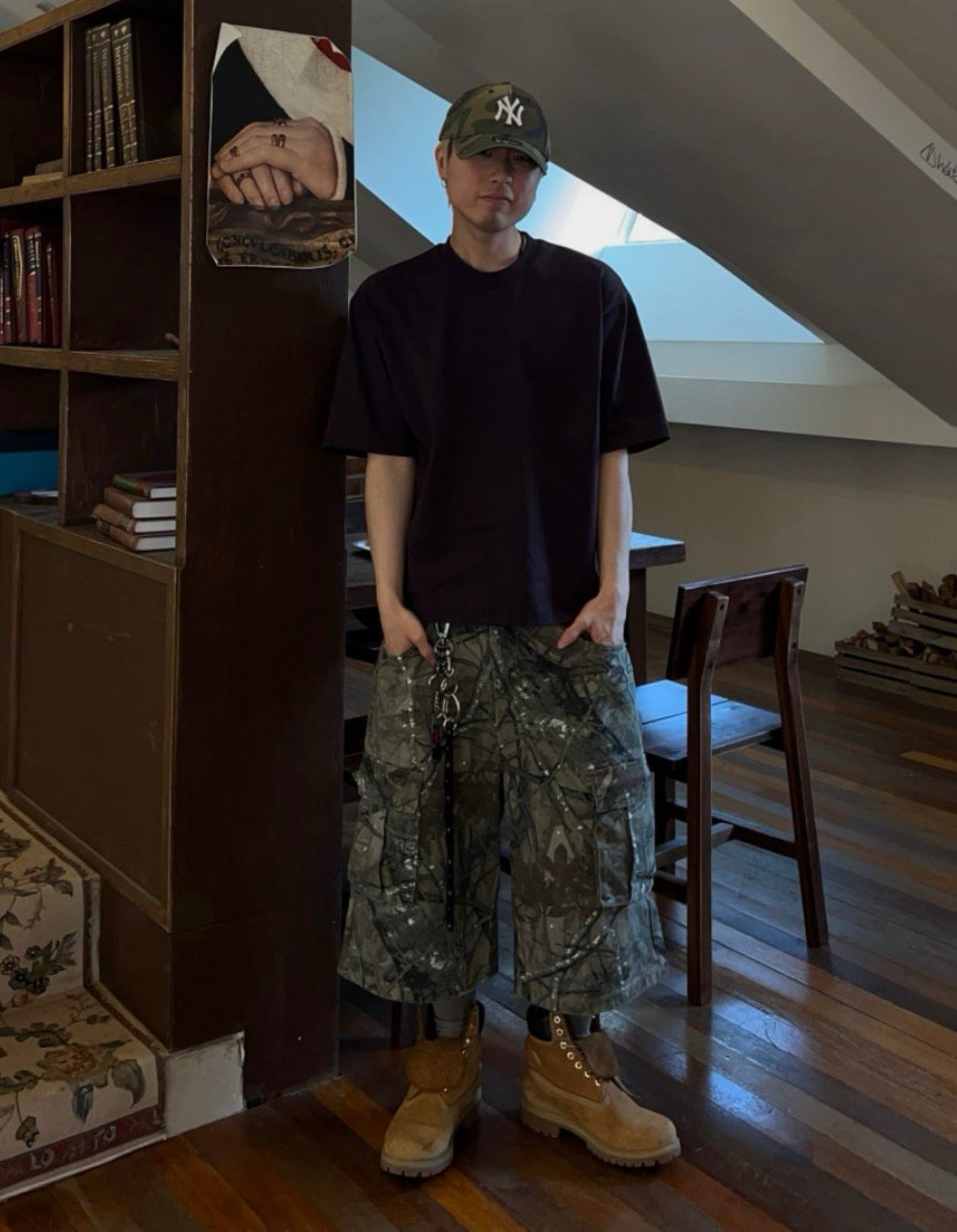 美式復古! 樹紋印花工裝七分褲