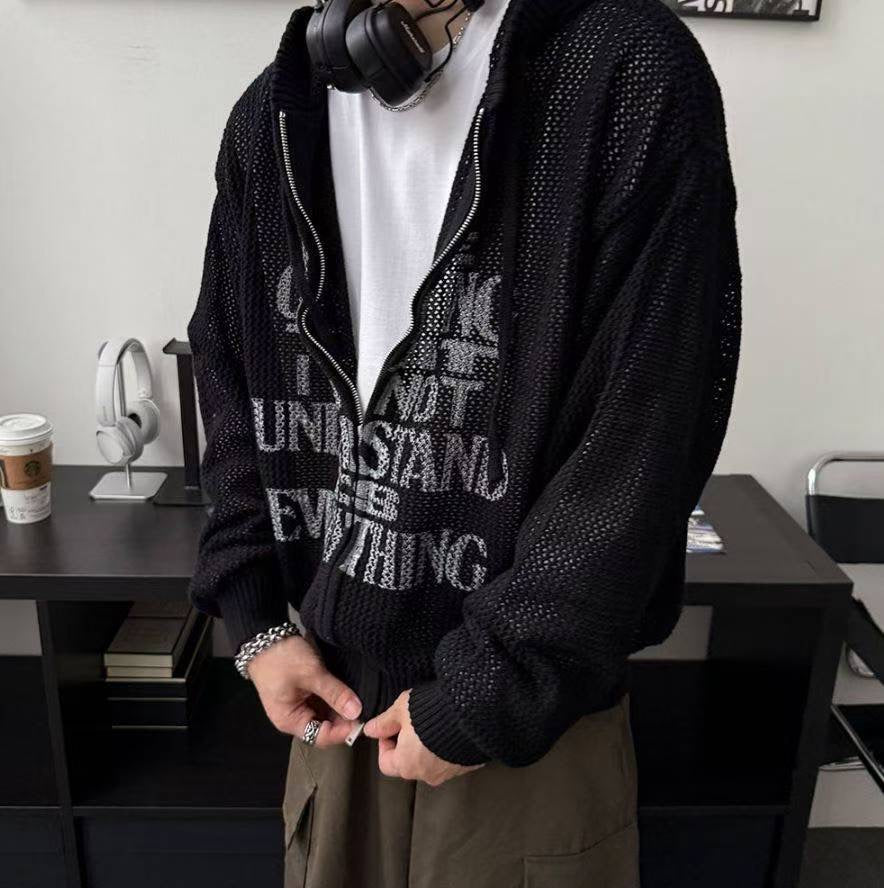 復古印花針織透視拉鍊外套
