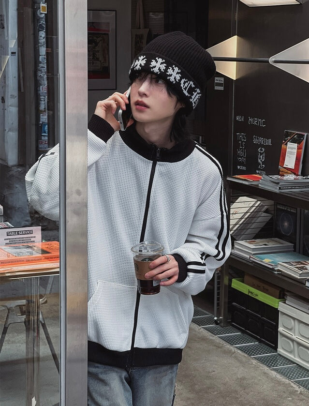 店主推薦! 撞色華夫格條紋外套|2色入