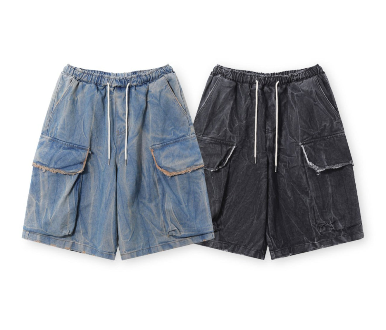 做舊水波紋大側袋七分褲