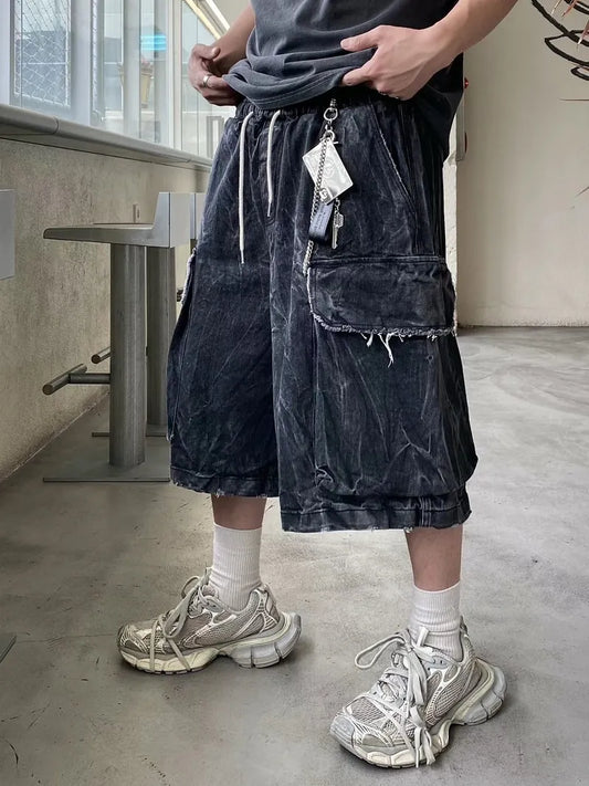 做舊水波紋大側袋七分褲