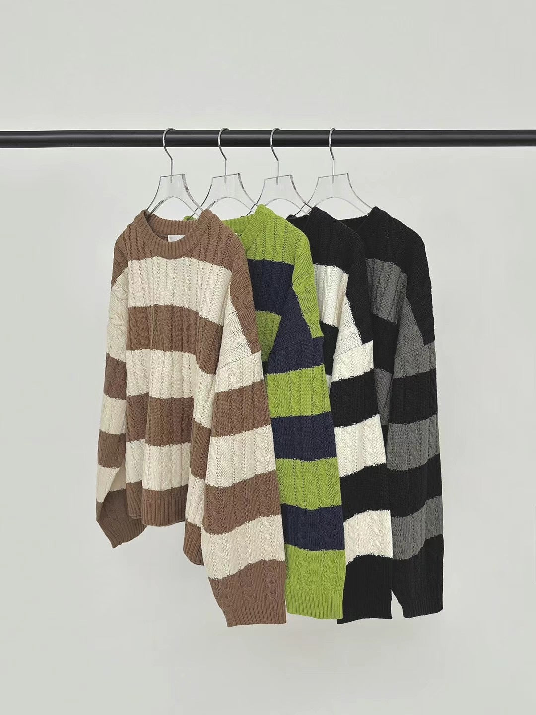 麻花紋拼色間條針織衫