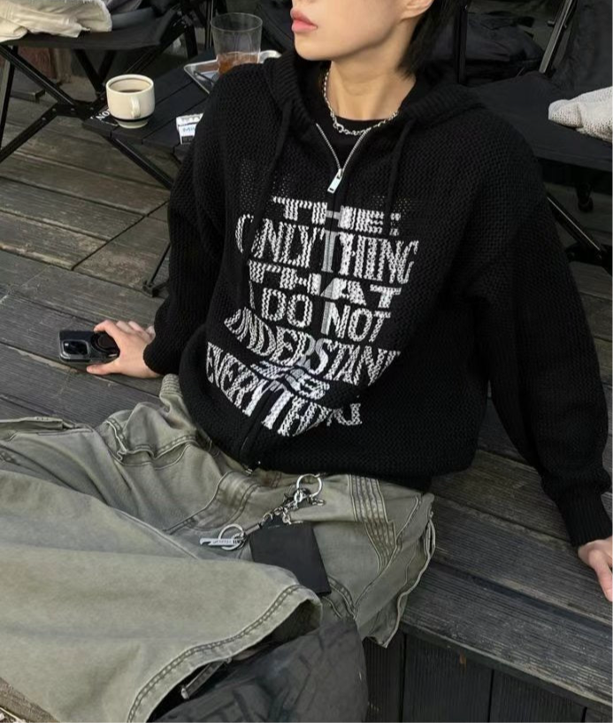 復古印花針織透視拉鍊外套