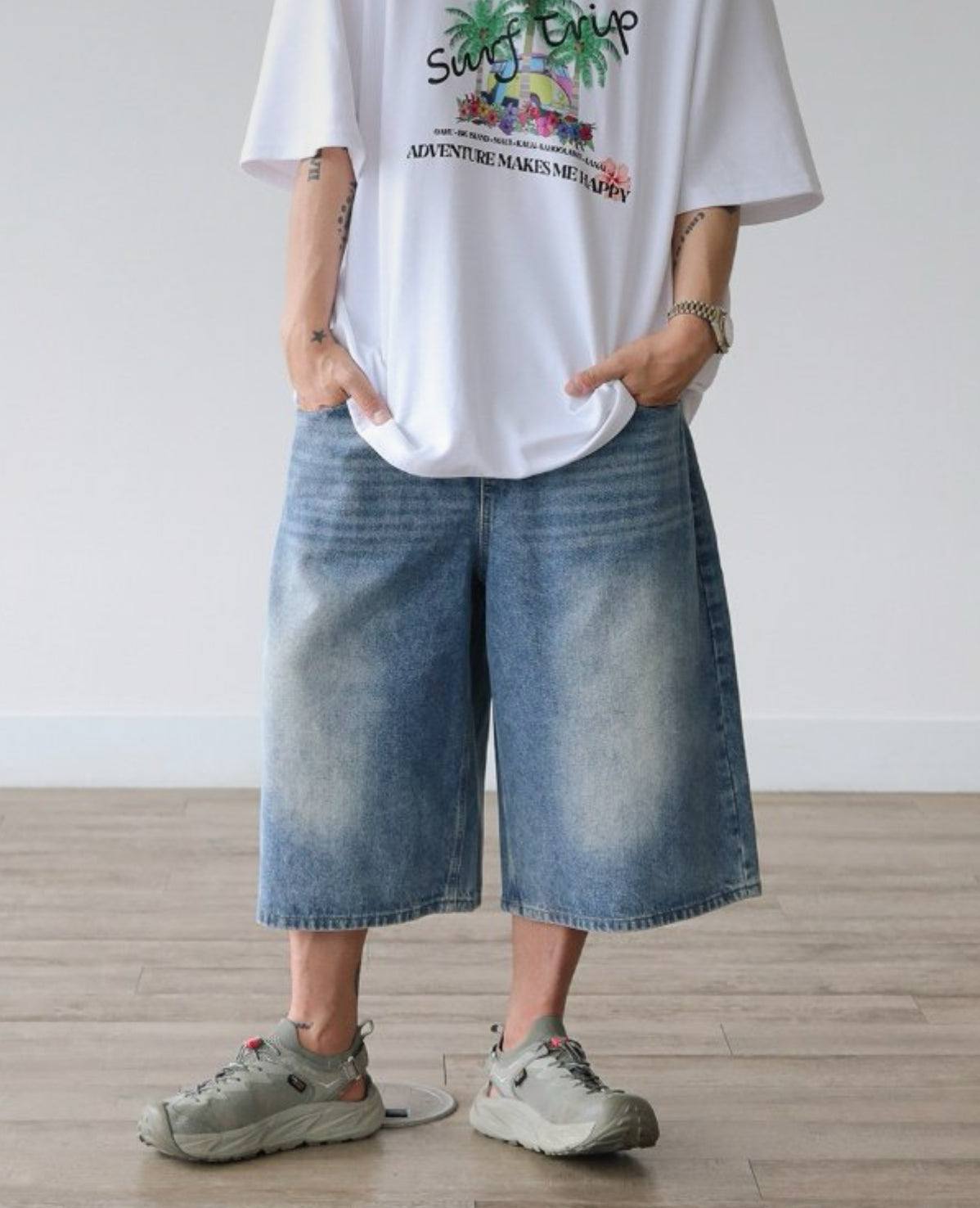韓男同款! 基礎款水洗七分牛仔褲