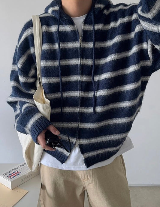 連帽款! 橫間針織拉鏈冷衫外套