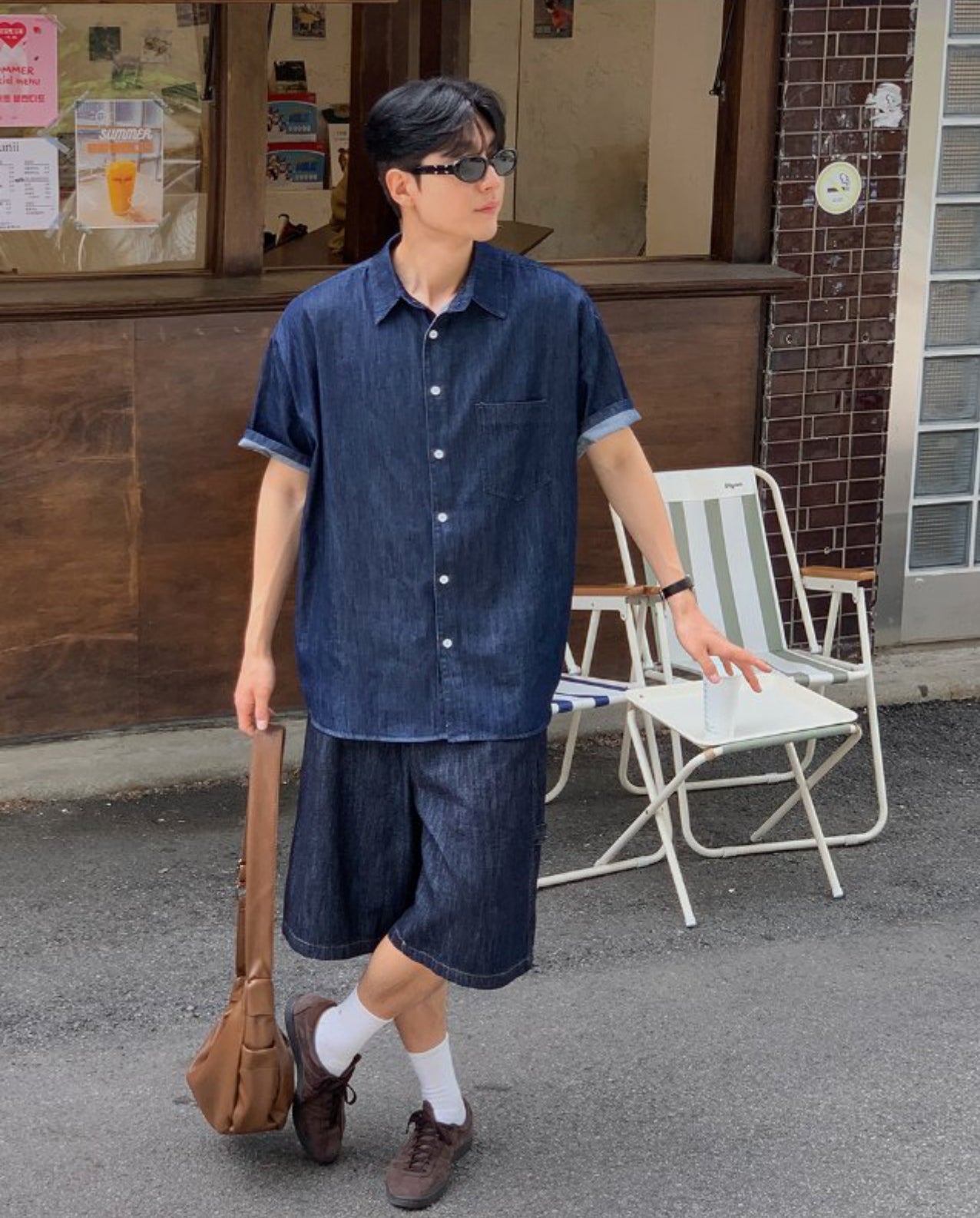 單口袋素色牛仔恤衫