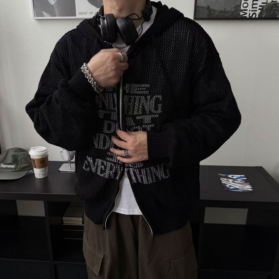 復古印花針織透視拉鍊外套