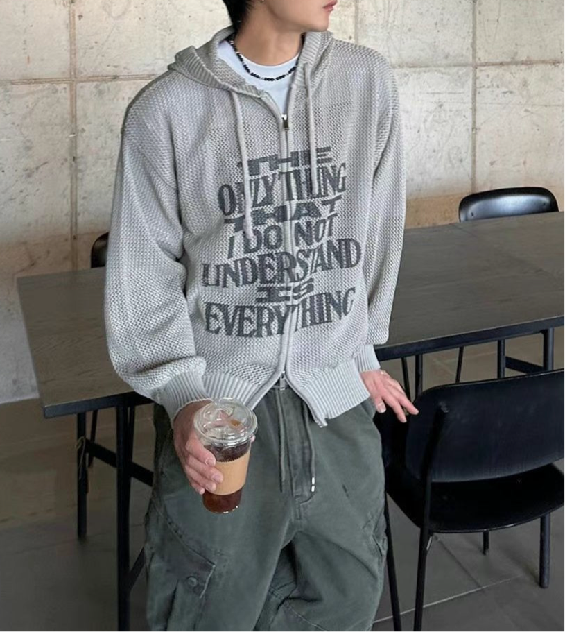 復古印花針織透視拉鍊外套