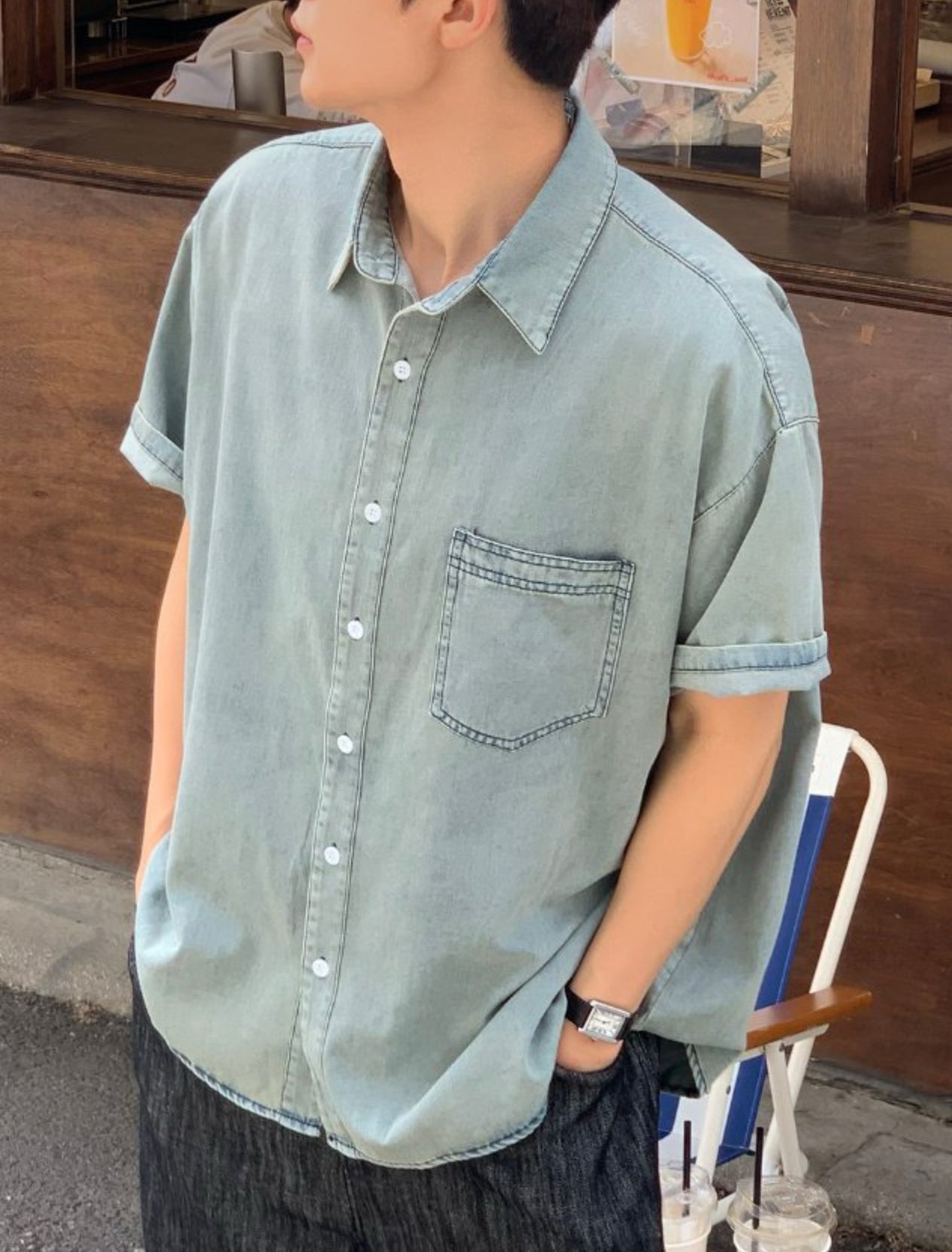 單口袋素色牛仔恤衫