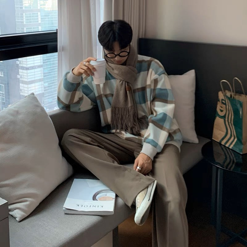 Crew Neck Plaid Sweater