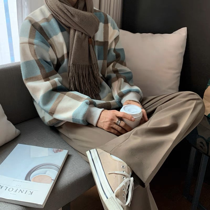Crew Neck Plaid Sweater