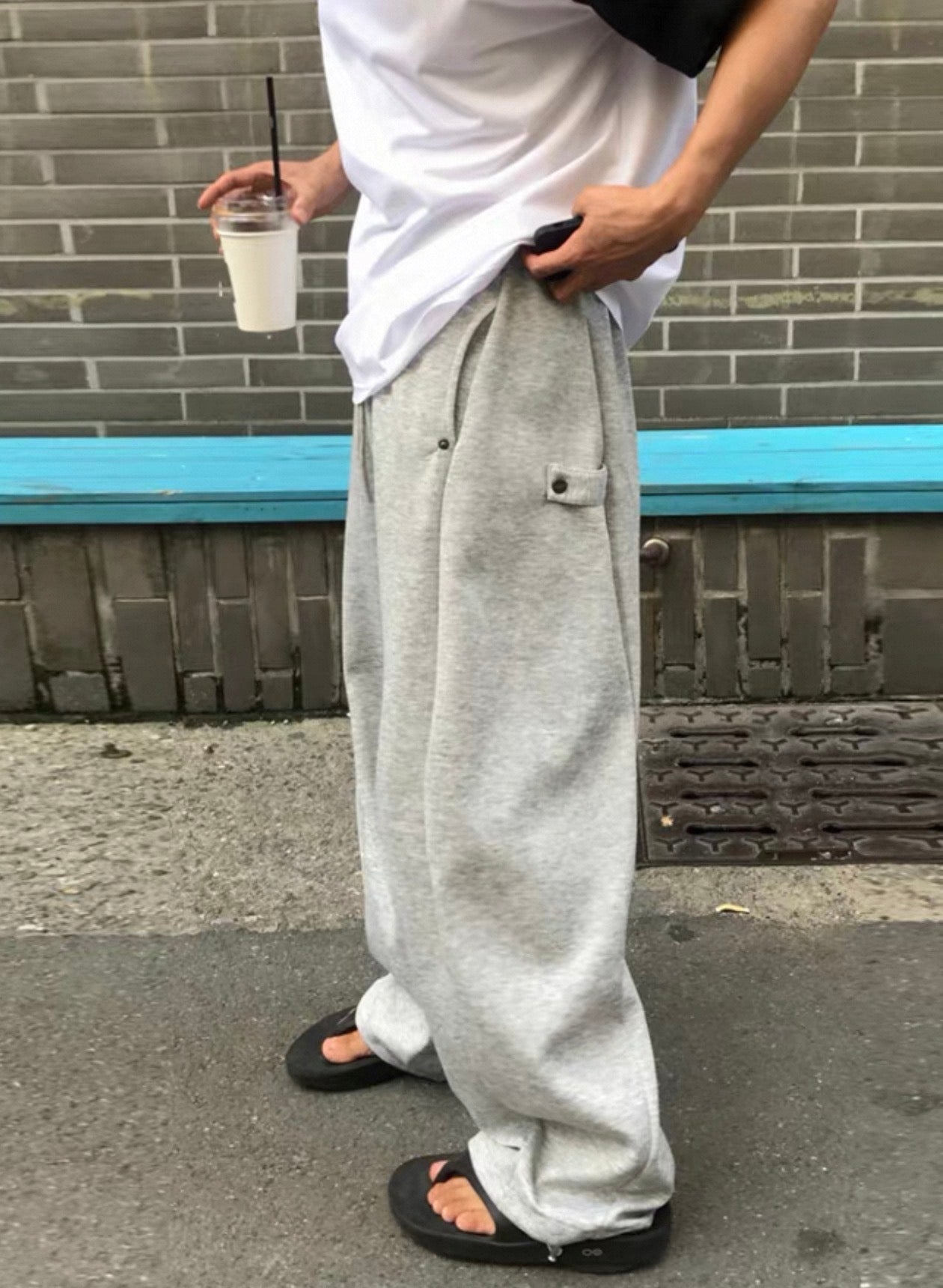 弧形拼接鈕扣闊腳棉褲