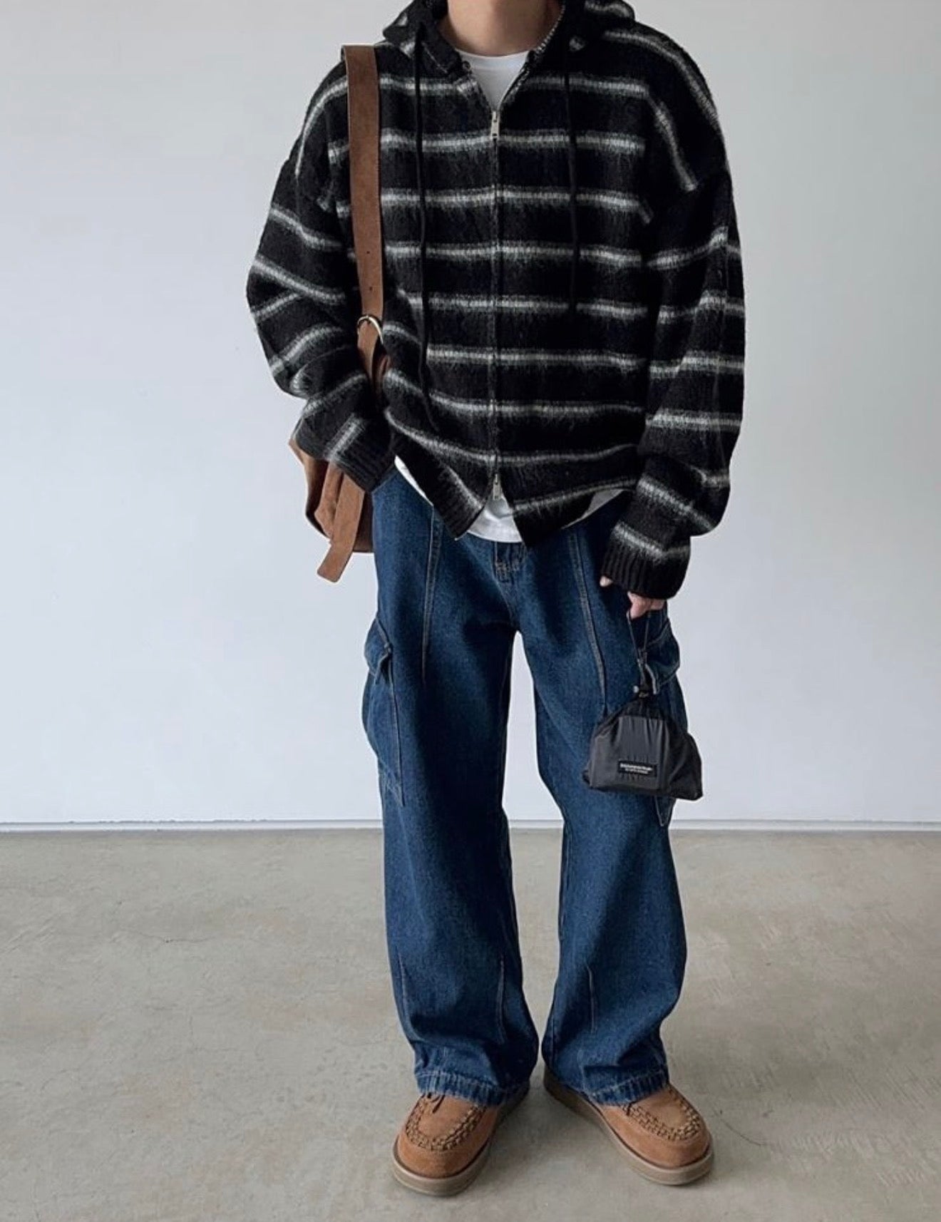 連帽款! 橫間針織拉鏈冷衫外套