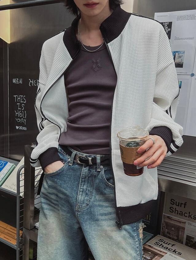 店主推薦! 撞色華夫格條紋外套｜2色入