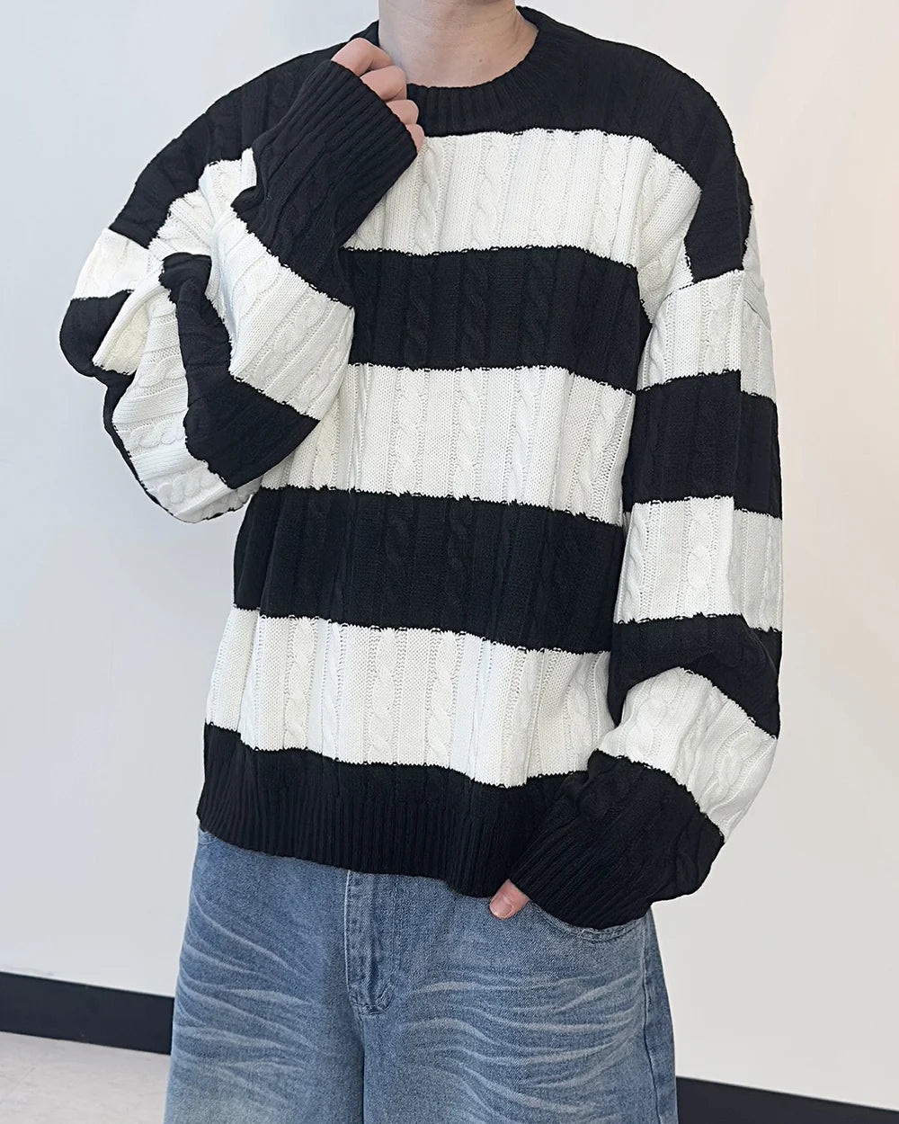 麻花紋拼色間條針織衫