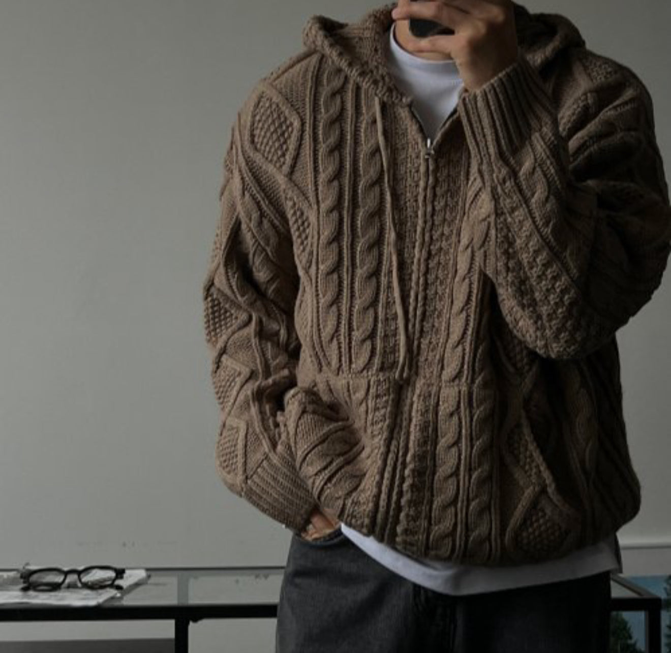 [軟糯手感] 扭紋連帽針織拉鍊外套