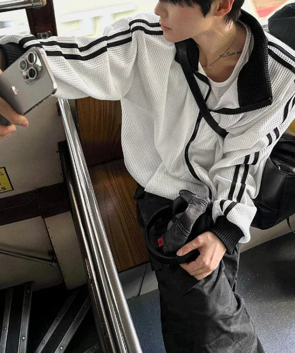 店主推薦! 撞色華夫格條紋外套｜2色入