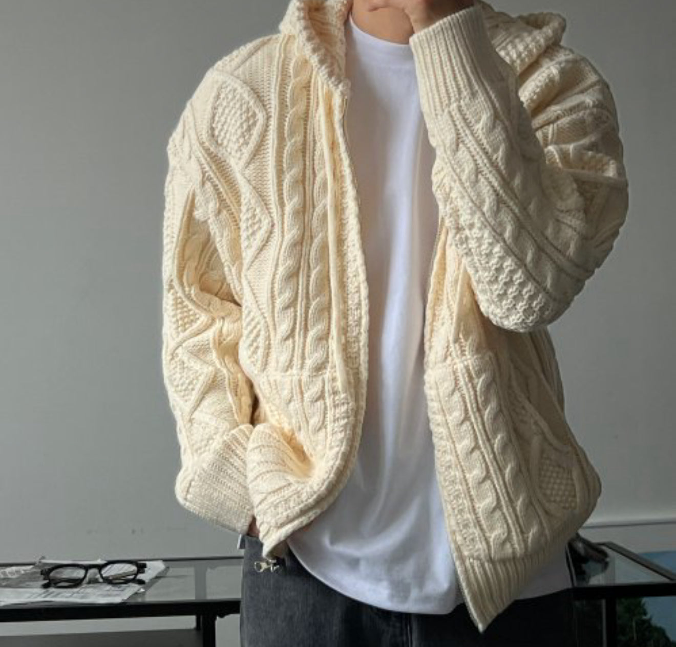 [軟糯手感] 扭紋連帽針織拉鍊外套