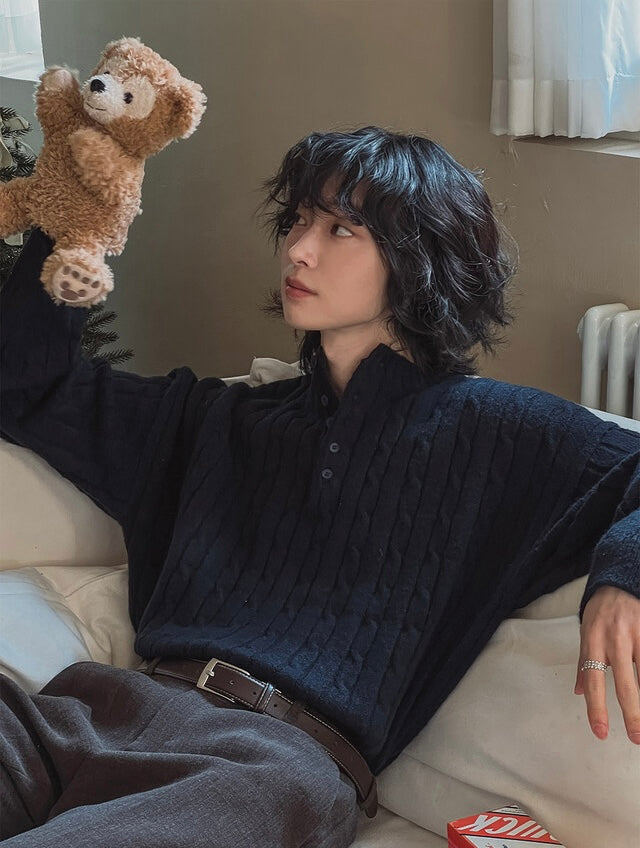紳士風！細麻花亨利領針織上衫｜4色入