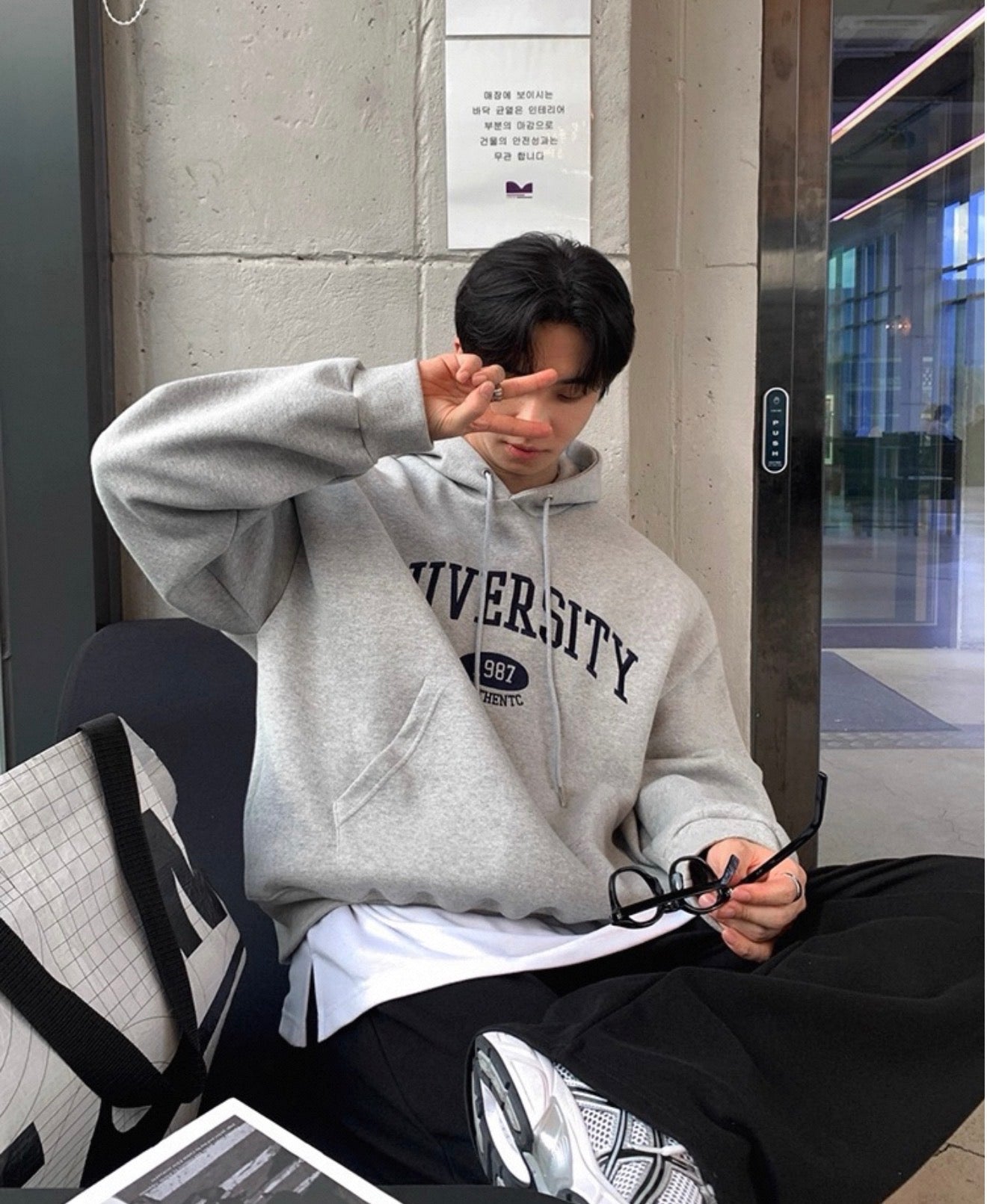 [重磅純棉]University 刺繡連帽衛衣-GREY