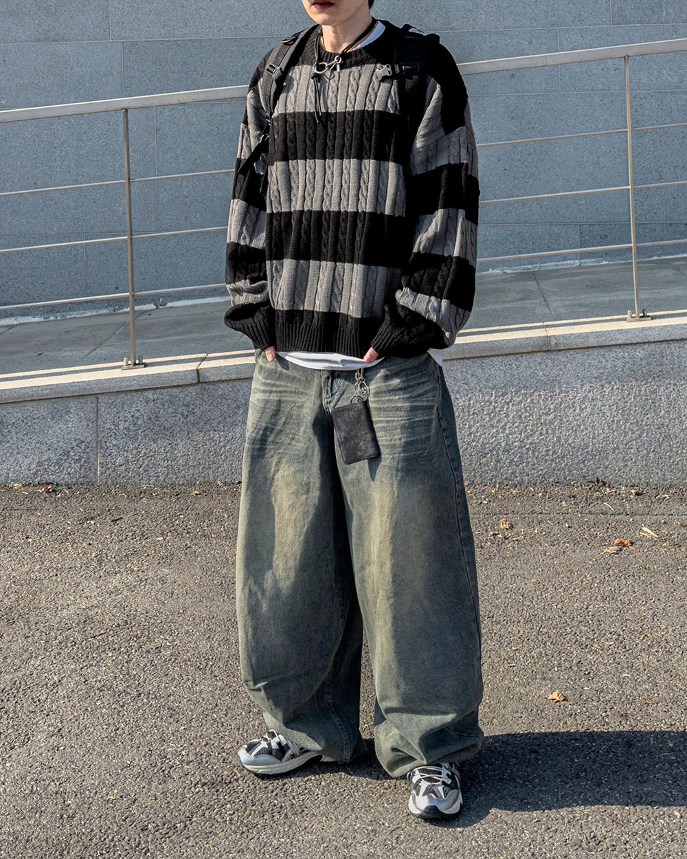 麻花紋拼色間條針織衫