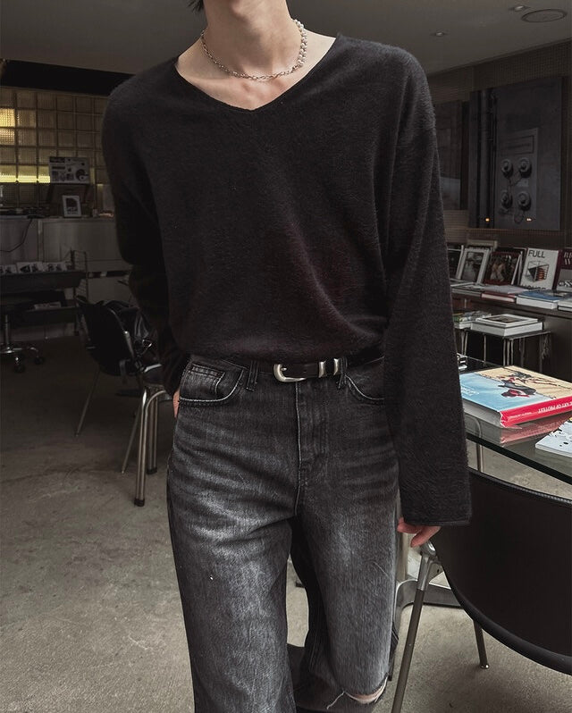 毛絮感！簡約純色V領馬海毛TOP｜4色入