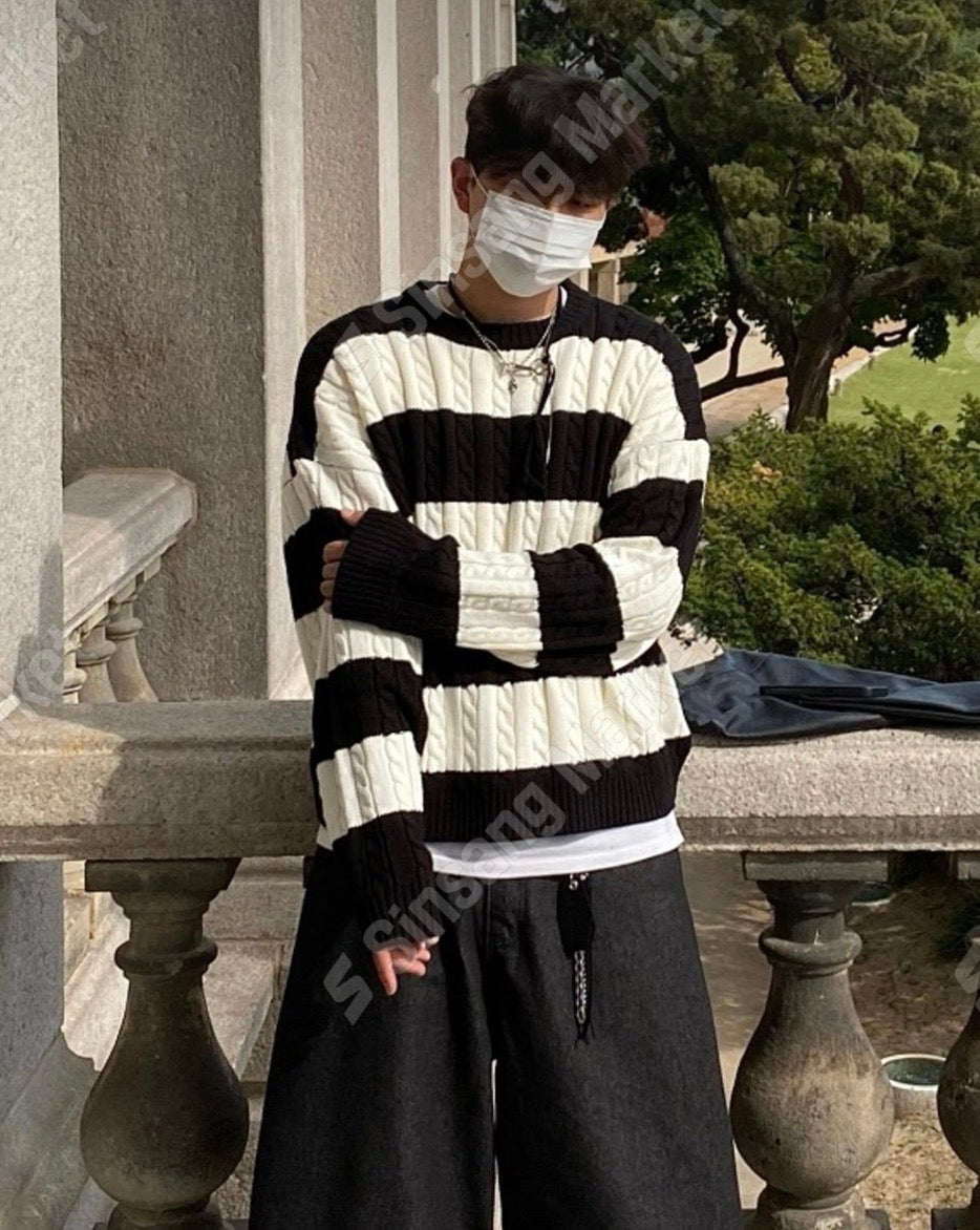 麻花紋拼色間條針織衫