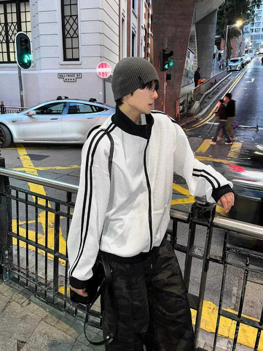 店主推薦! 撞色華夫格條紋外套｜2色入