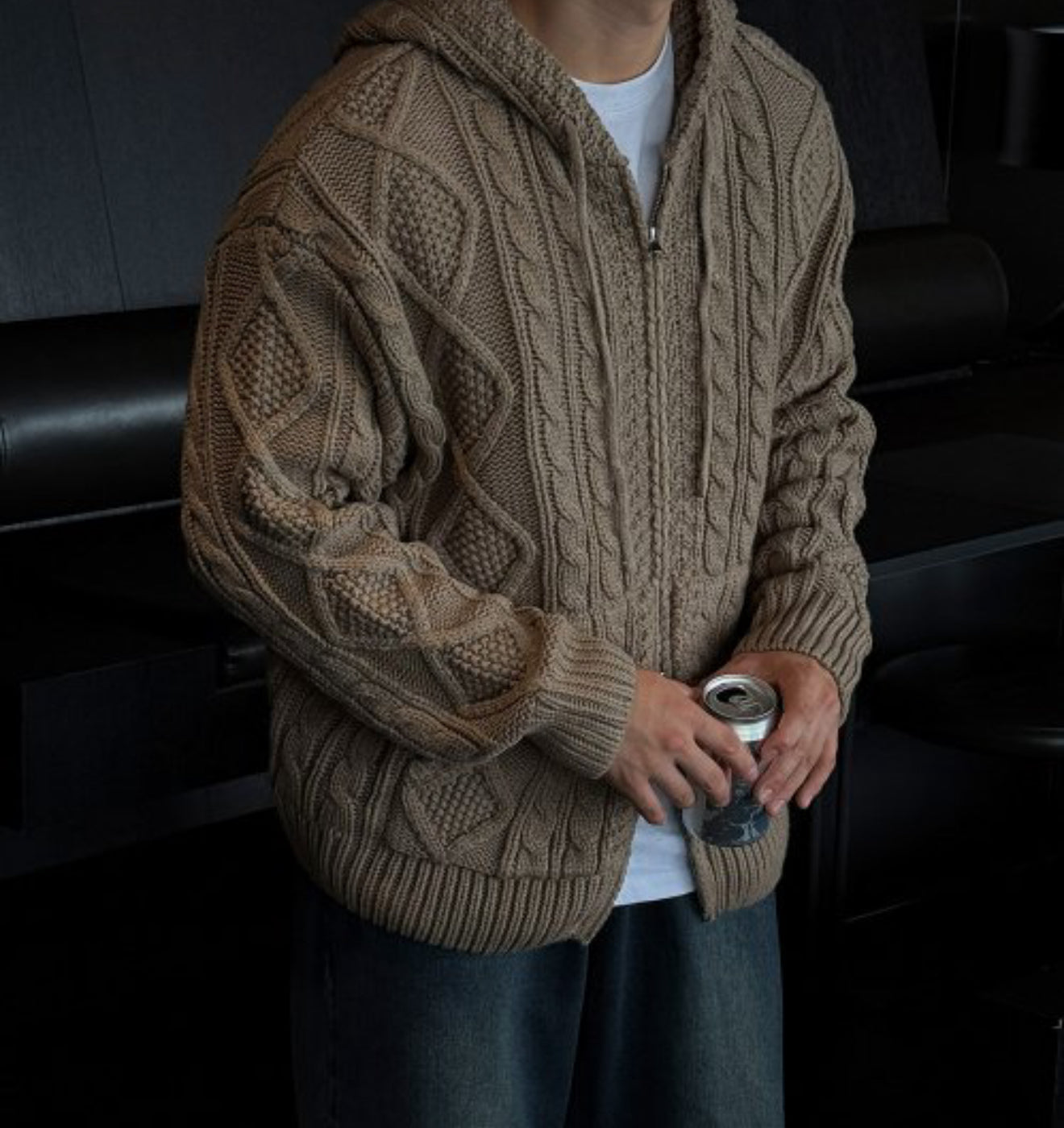 [軟糯手感] 扭紋連帽針織拉鍊外套