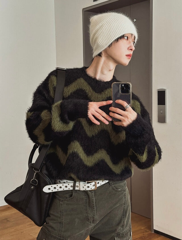 毛絮感！波浪紋寬鬆針織衫｜4色入