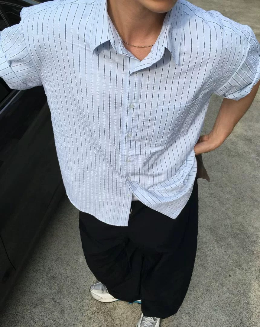 輕薄質地! 冰藍清爽細條紋襯衫