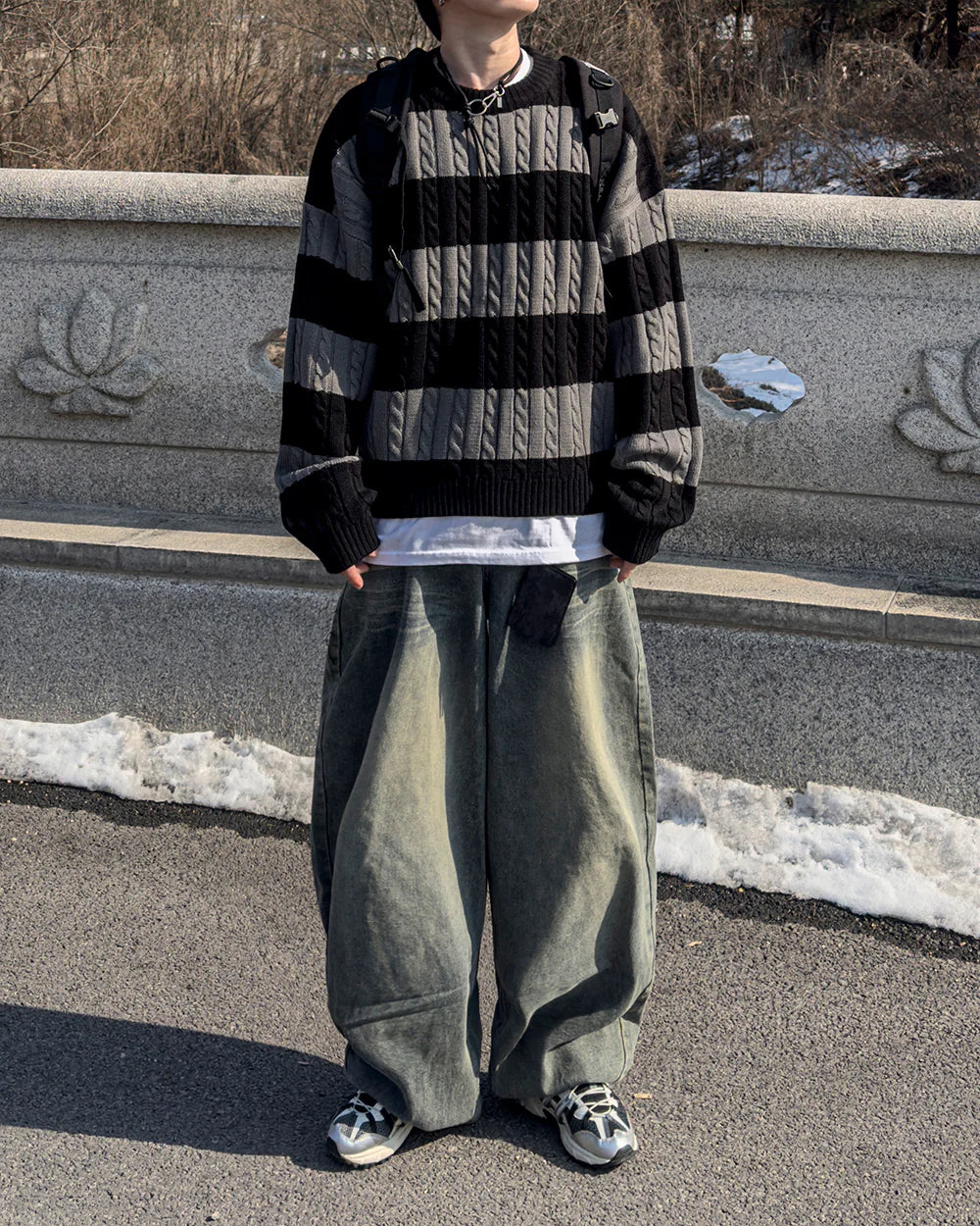 麻花紋拼色間條針織衫