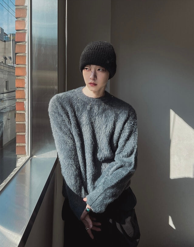 [質感升級!] 釘珠馬海毛圓領冷衫｜3色入