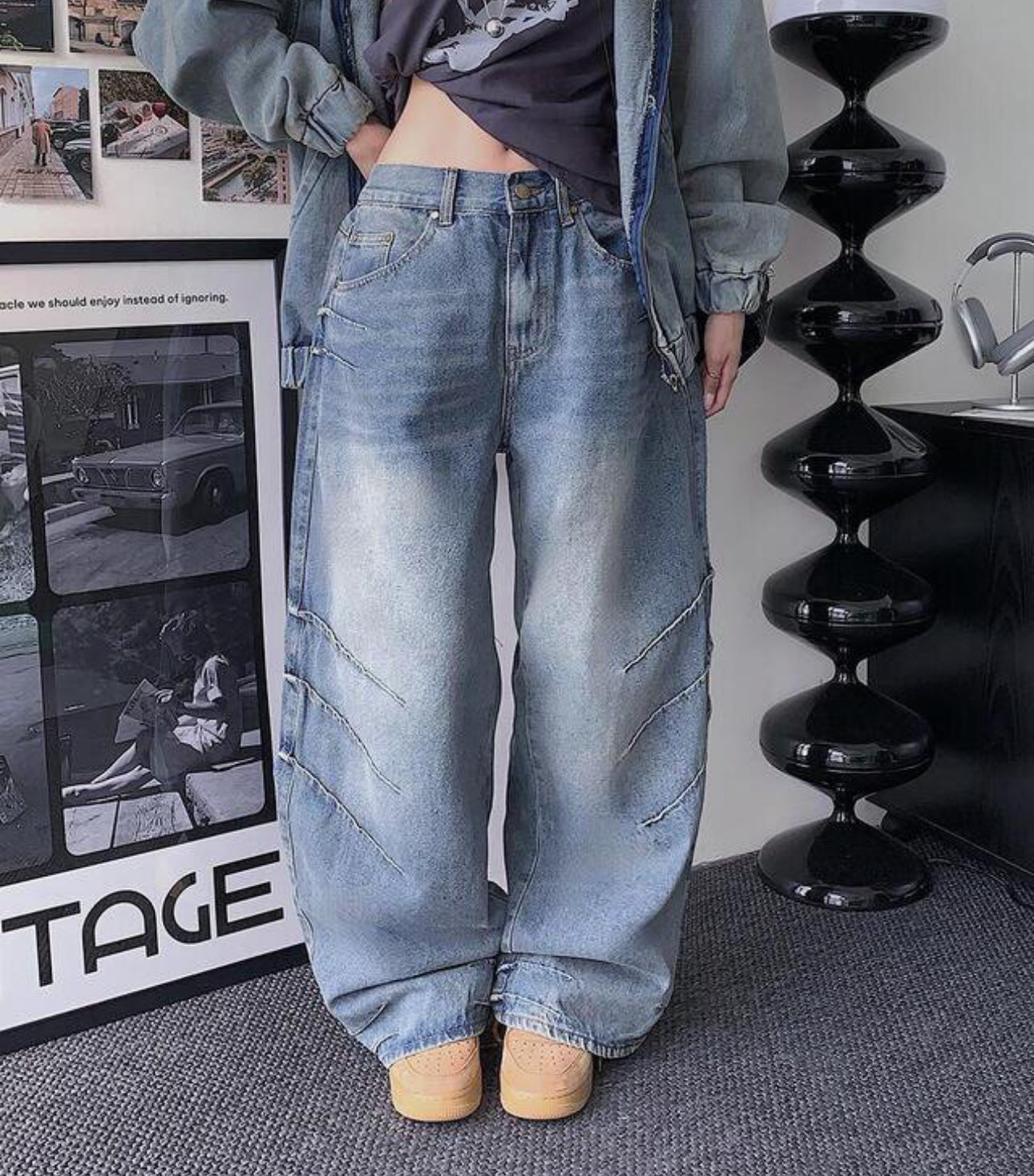 爪紋闊身Barrel Jeans