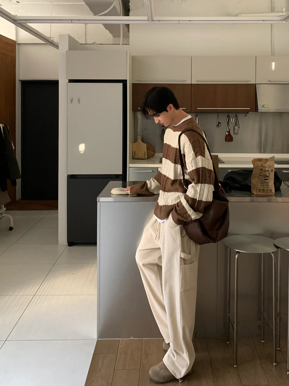 麻花紋拼色間條針織衫