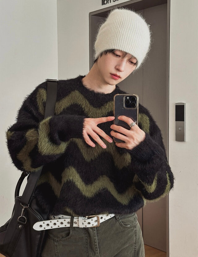 毛絮感！波浪紋寬鬆針織衫｜4色入