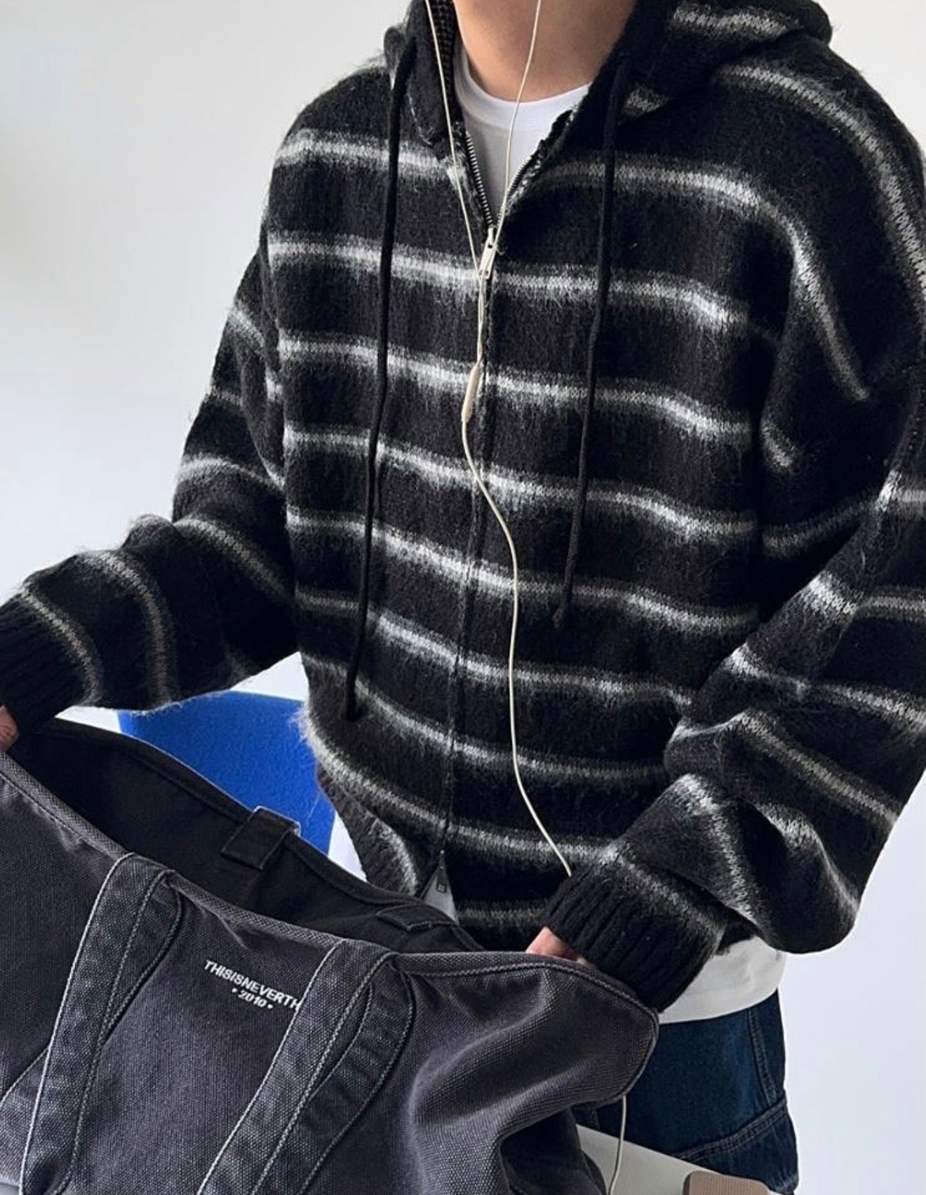 連帽款! 橫間針織拉鏈冷衫外套