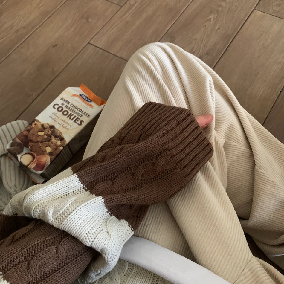 麻花紋拼色間條針織衫