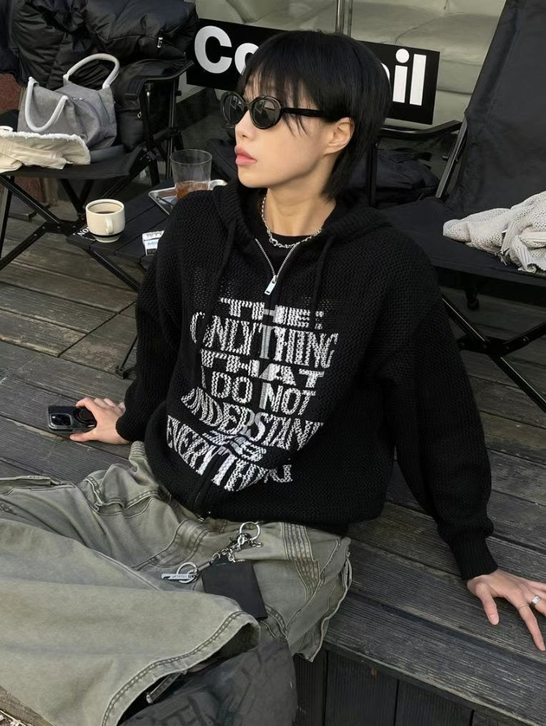 復古印花針織透視拉鍊外套