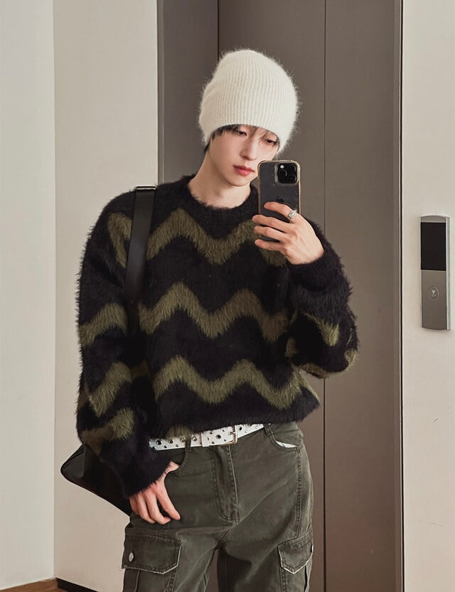 毛絮感！波浪紋寬鬆針織衫｜4色入