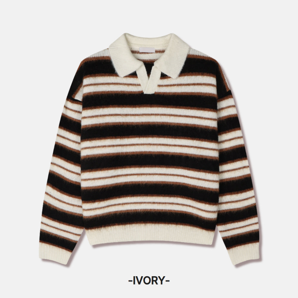 刷毛橫間翻領針織衫｜3色入