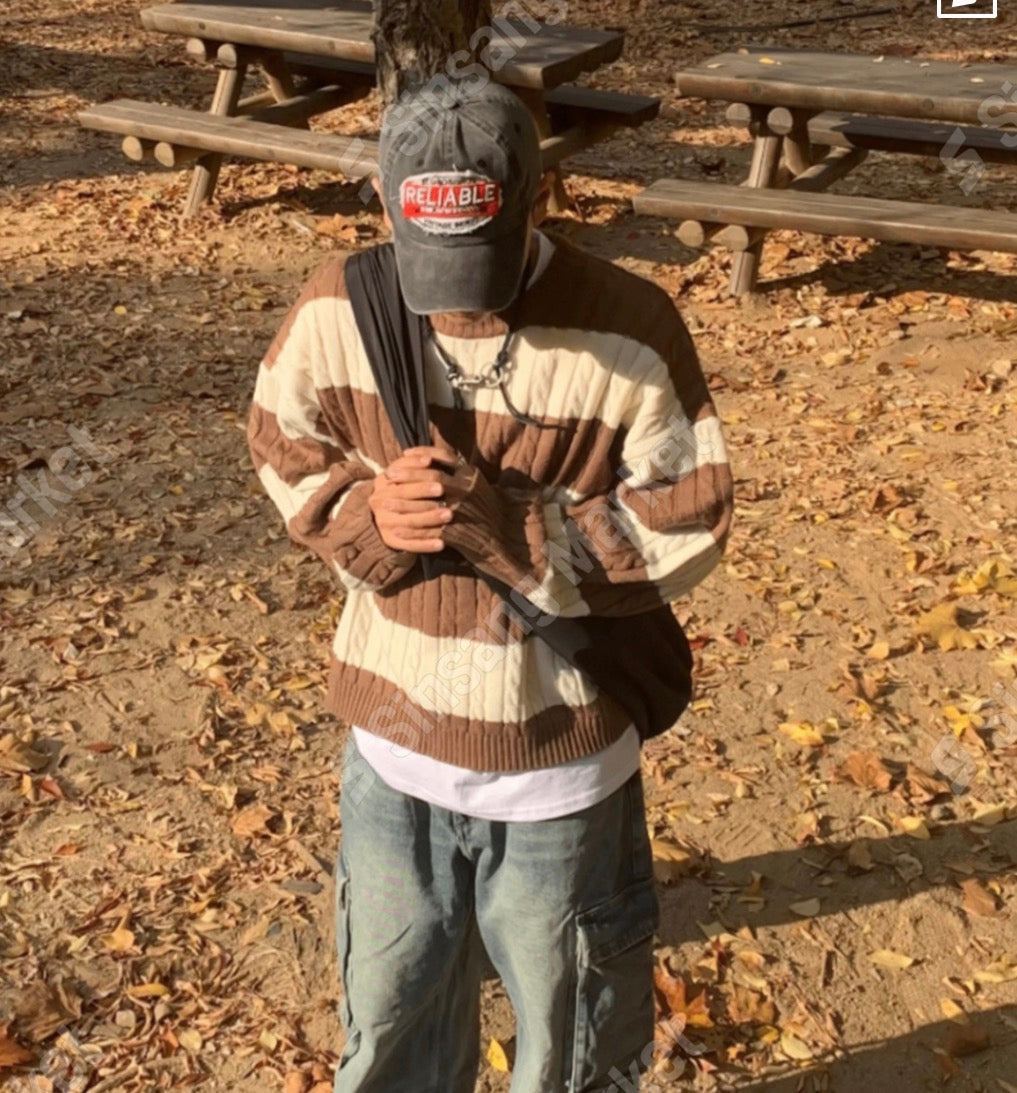 麻花紋拼色間條針織衫