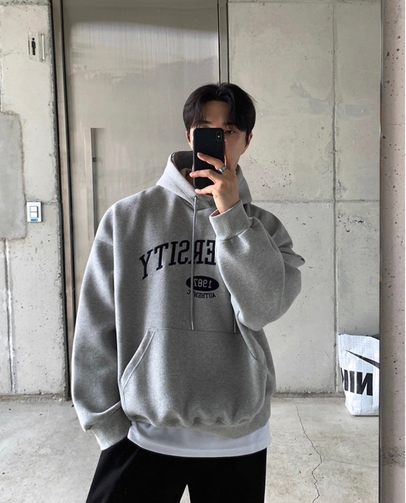 [重磅純棉]University 刺繡連帽衛衣-GREY