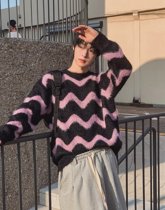 毛絮感！波浪紋寬鬆針織衫｜4色入