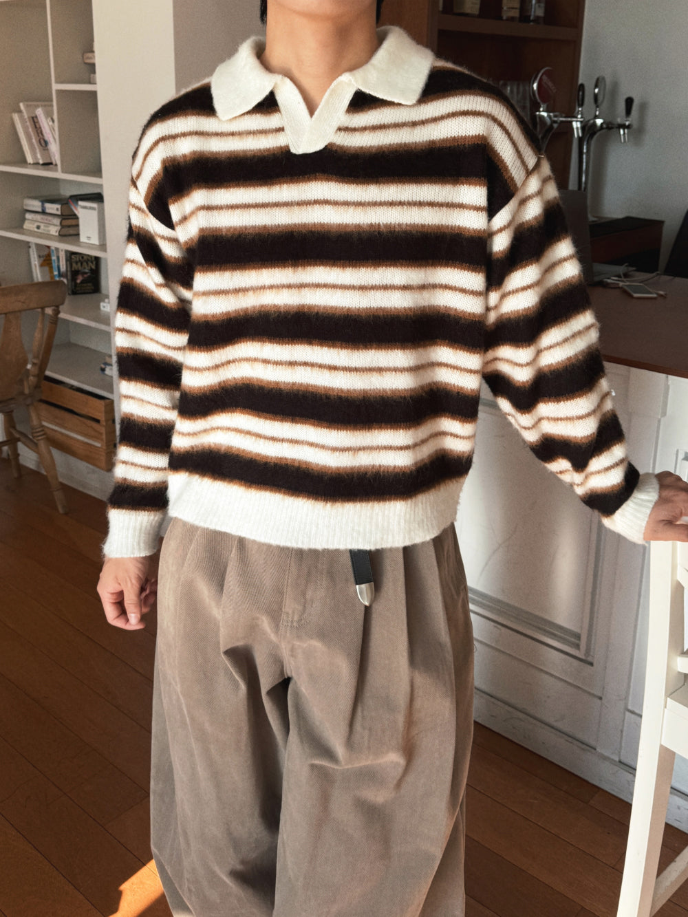 刷毛橫間翻領針織衫｜3色入