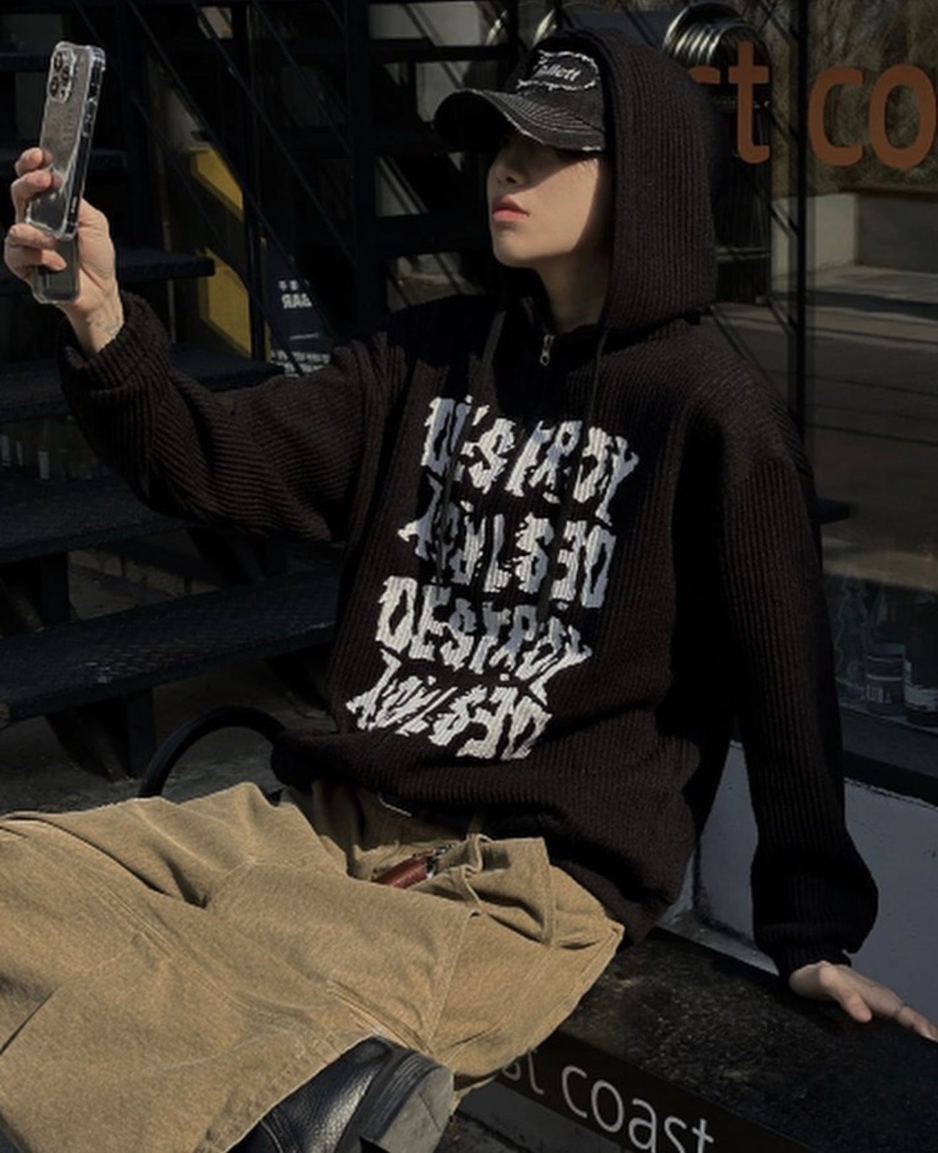 Destory印花針織薄款拉鏈外套